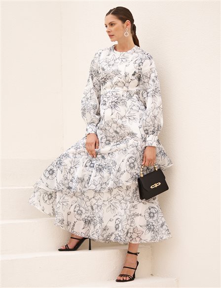 Floral Desen Şifon Elbise Ekru 
