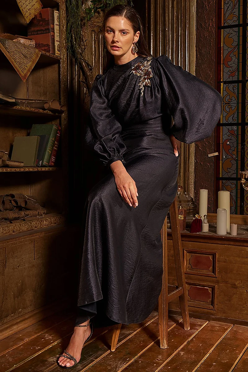 Embroidered Maxi Satin Dress Dark Navy 