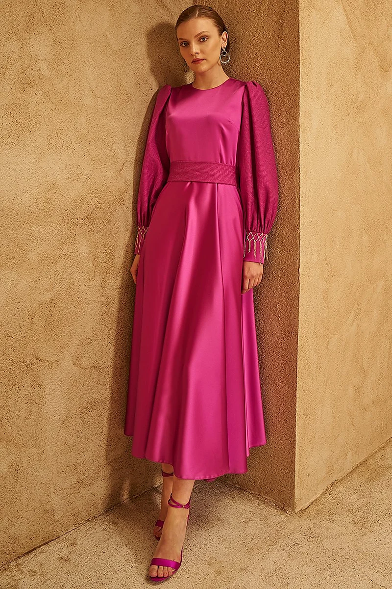 Waist-Detailed Satin Dress - Purple