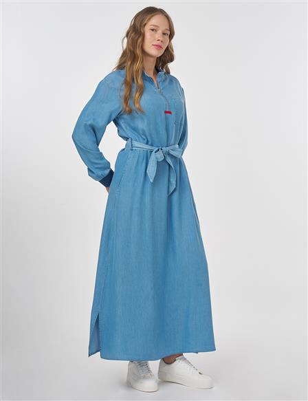 Logo Detailed Lyocell Dress Blue