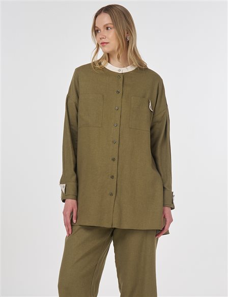 Linen Blend Mandarin Collar Tunic Khaki