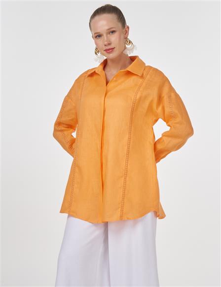 Striped Embroidered Linen Tunic in Peach
