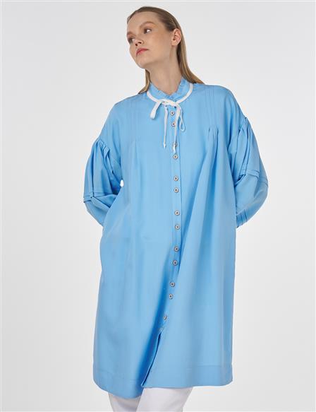 Pintuck-Stitched Tunic with Ruffled Collar Dusty Gray