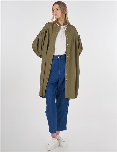 Pintuck-Stitched Tunic with Ruffled Collar Khaki