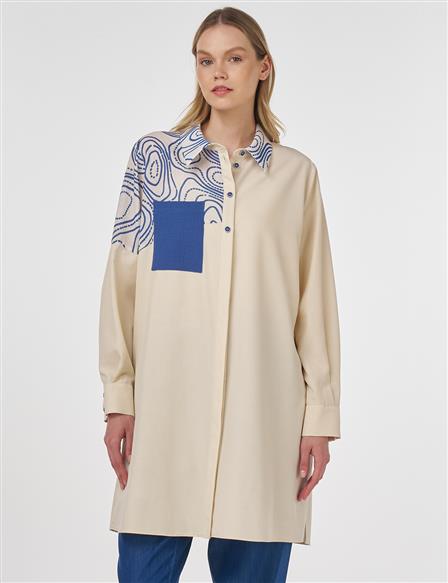 Printed Shirt-Collar Tunic Cream