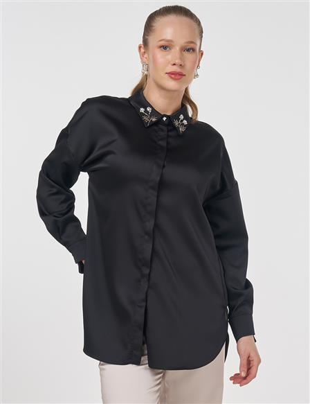 İşlemeli Saten Tunik Siyah