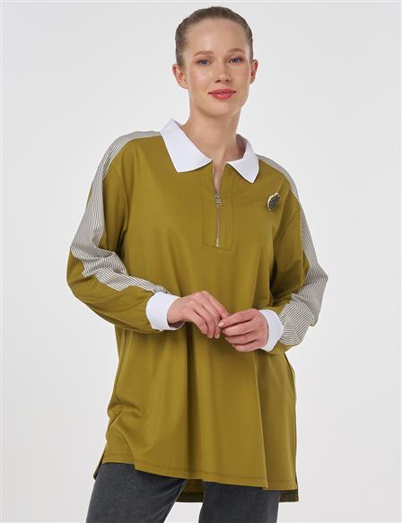 Brooch-Embellished Fabric-Trim Sweatshirt Khaki