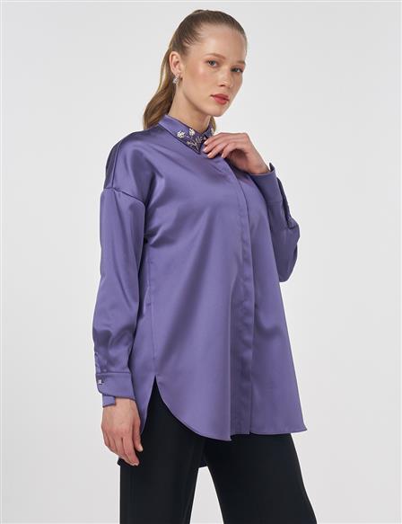 İşlemeli Saten Tunik Füme
