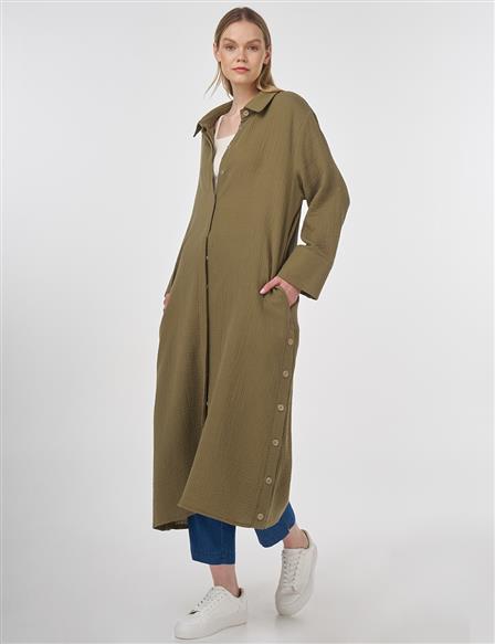 Button-Detail Muslin Tunic Khaki