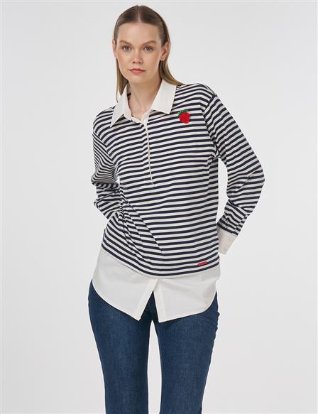 Cotton Sweatshirt with Brooch Detail Dark Navy 