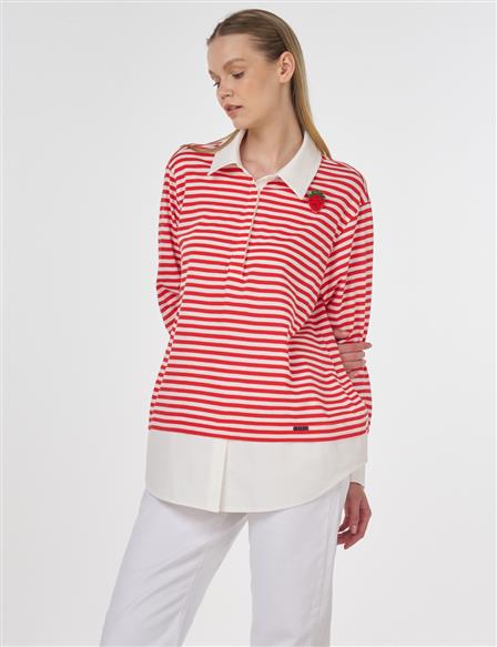 Cotton Sweatshirt with Brooch Detail Red