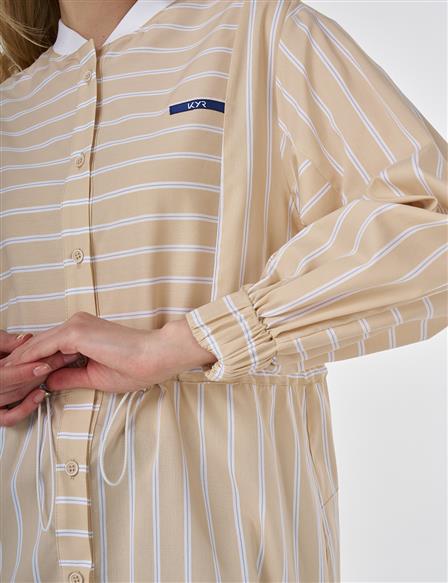 Beli Büzgülü Çizgi Desen Poplin Tunik Bej