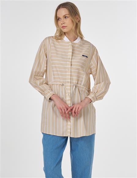 College Collar Striped Cotton Tunic Beige