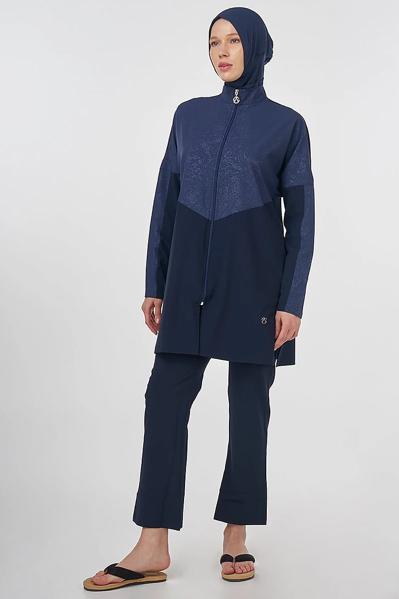 Zip-Up Modest Swimsuit – Navy