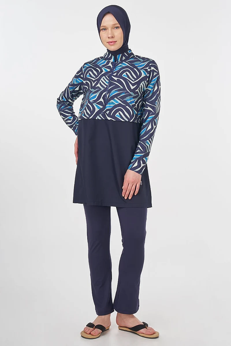 Abstract Pattern Modest Swimsuit – Navy