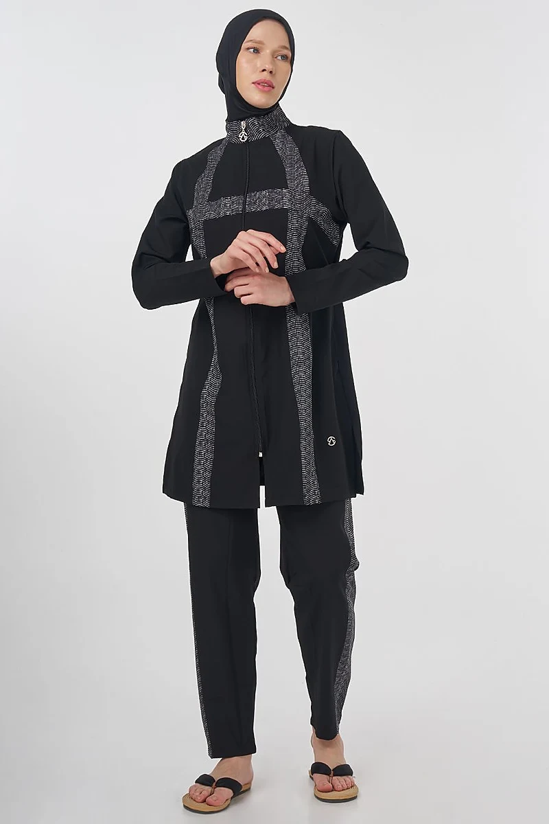 Striped Modest Swimsuit – Black