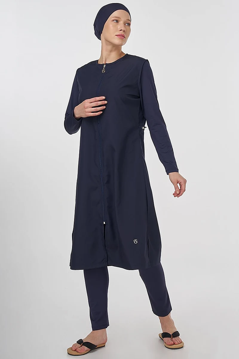 Drawstring Waist Modest Swimsuit Navy