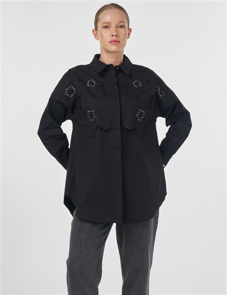 Nakış Aplikeli Poplin Tunik Siyah