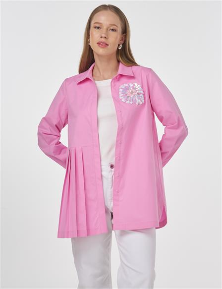 Pul Payet İşlemeli Poplin Tunik Şeker Pembe