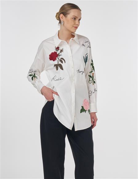Nakış ve Slogan İşlemeli Poplin Tunik Ekru 