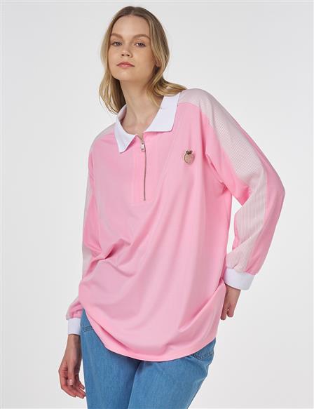 Broşlu Kumaş Garnili Sweatshirt Şeker Pembe