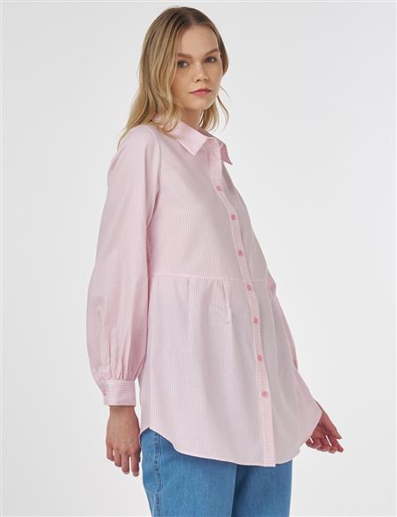 Pileli Çizgi Desen Tunik Şeker Pembe