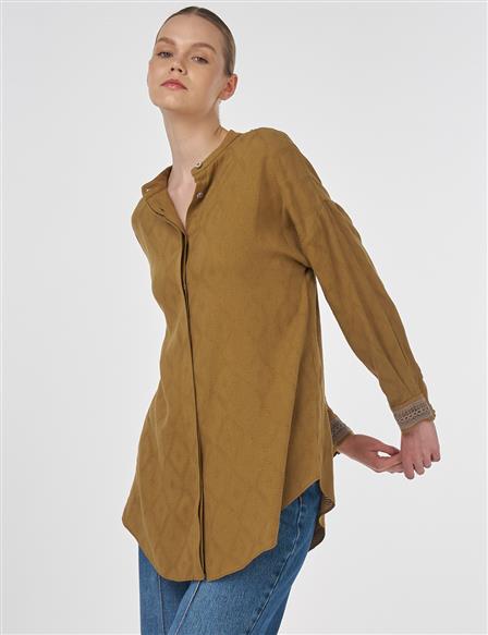 Diamond Pattern Mandarin Collar Blouse Dark Olive