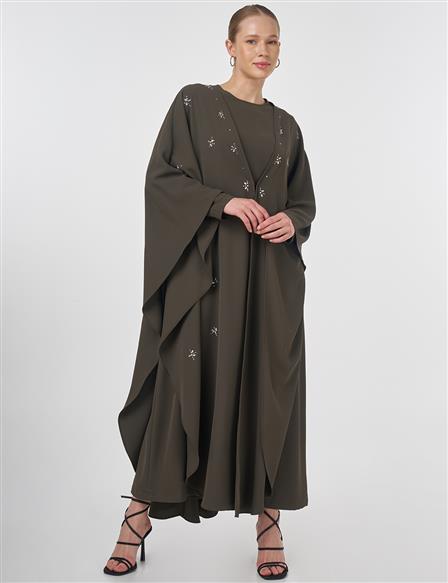 Taş İşlemeli Abaya Takım Haki 