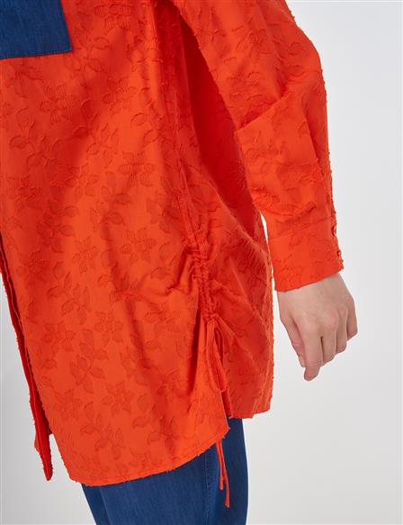 Denim Garnili Pamuklu Tunik Mercan