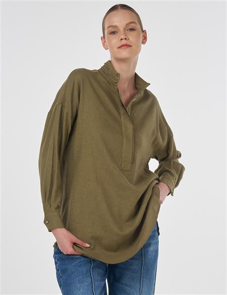 Pearl-Embellished Linen-Blend Tunic Khaki