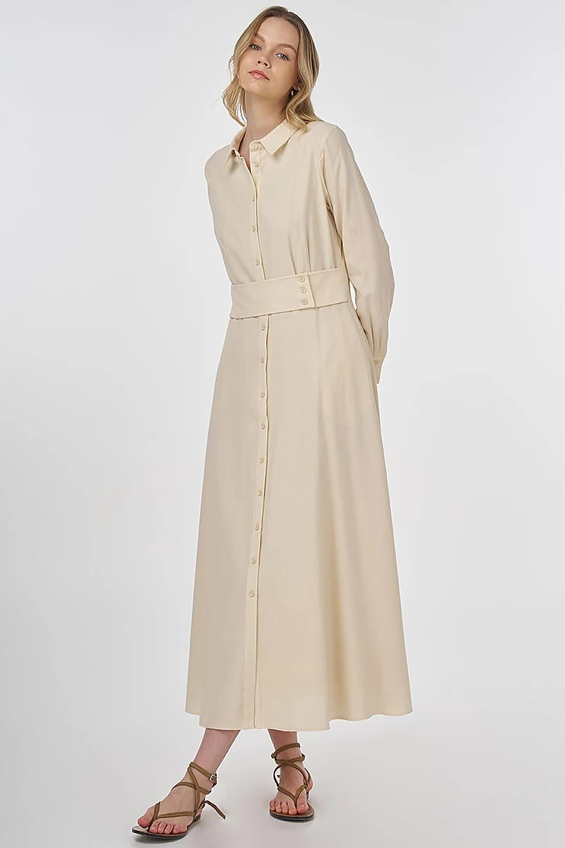 Belt-Detail Rayon Dress Cream 