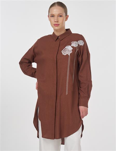 Çiçek Nakışlı Keten Tunik Kahve