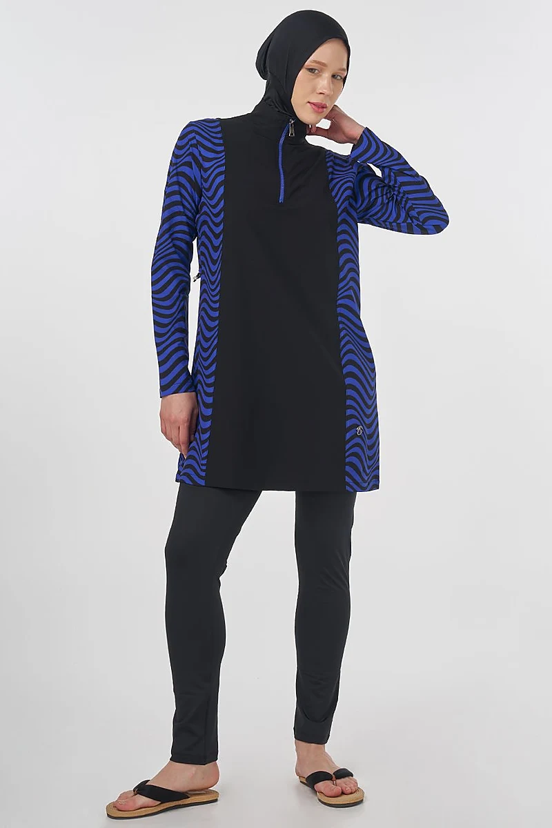 Zebra Patterned Modest Swimsuit Black 