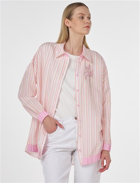 İşleme Detaylı Çizgi Desen Tunik Pembe