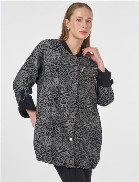 Leopar Desenli İşlemeli Ceket Siyah