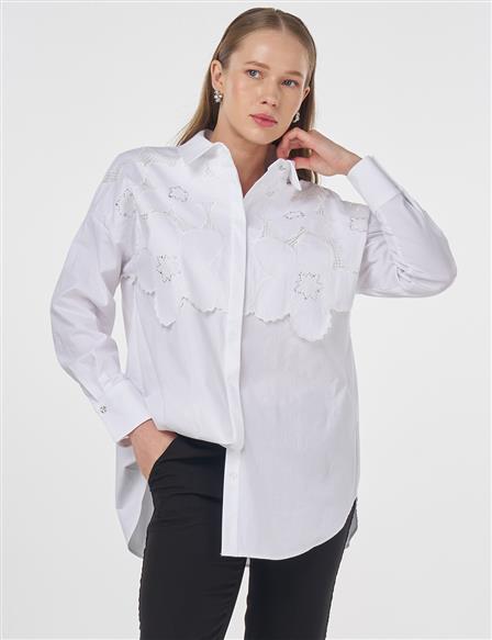 Nakış Aplikeli Poplin Tunik Optik Beyaz 