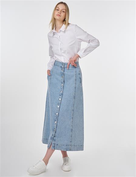 Düğme Kapamalı Denim Etek Havlu Yıkama