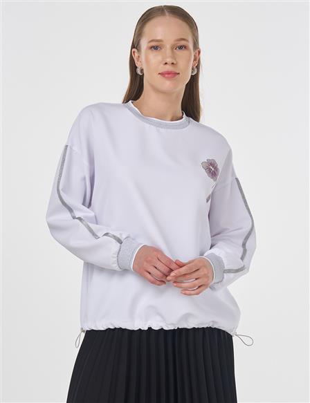 Ribanalı Büzgülü Sweatshirt Optik Beyaz 