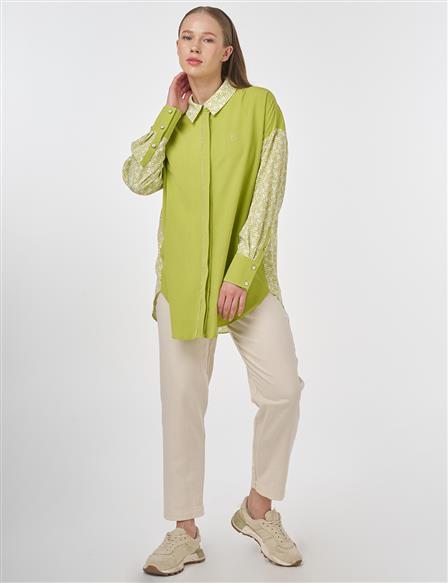 Floral Desen Gömlek Yaka Tunik Fıstık Yeşili 