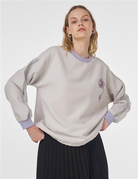 Ribanalı Büzgülü Sweatshirt Açık Gri