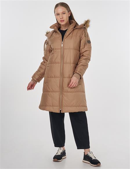 Quilted Anorak Coat with Faux Fur Detail Beige