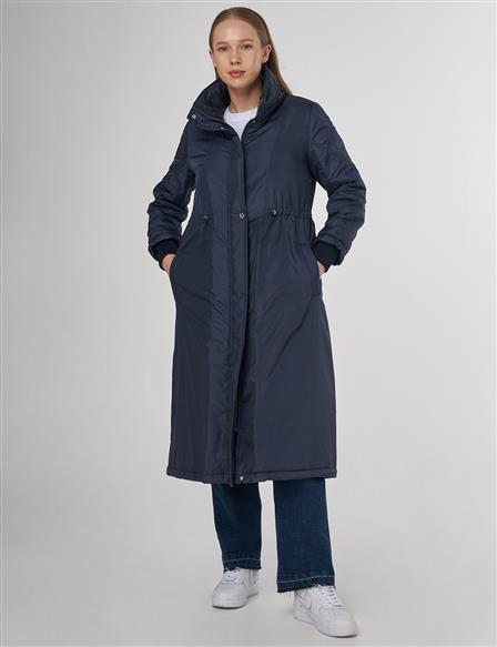 Belted Quilted Mix Anorak Coat Dark Navy Blue