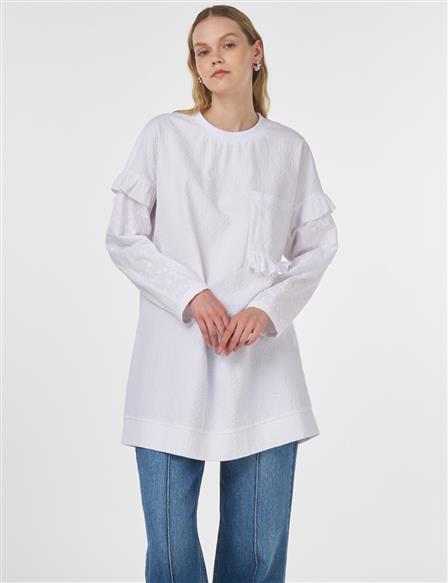 Fırfırlı Gofreli Sweatshirt Optik Beyaz 