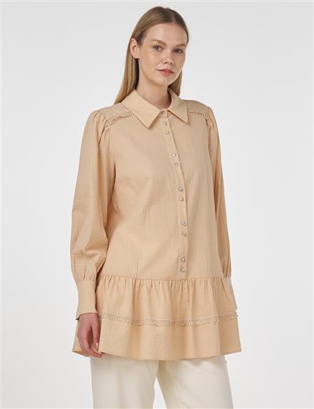 Striped Eyelet Viscose Tunic Beige