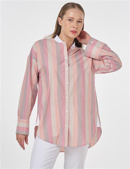 Striped Tunic with Wide Cuffs Terracotta