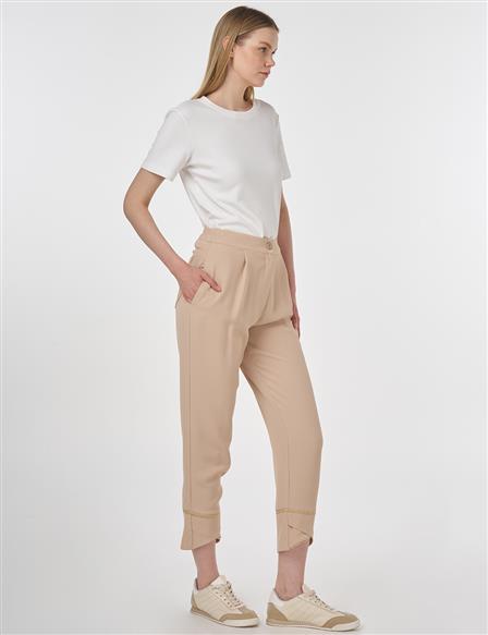 Dikiş Detaylı Krep Pantolon Bej