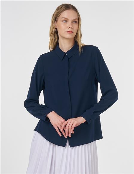 Concealed Placket Blouse Navy Blue