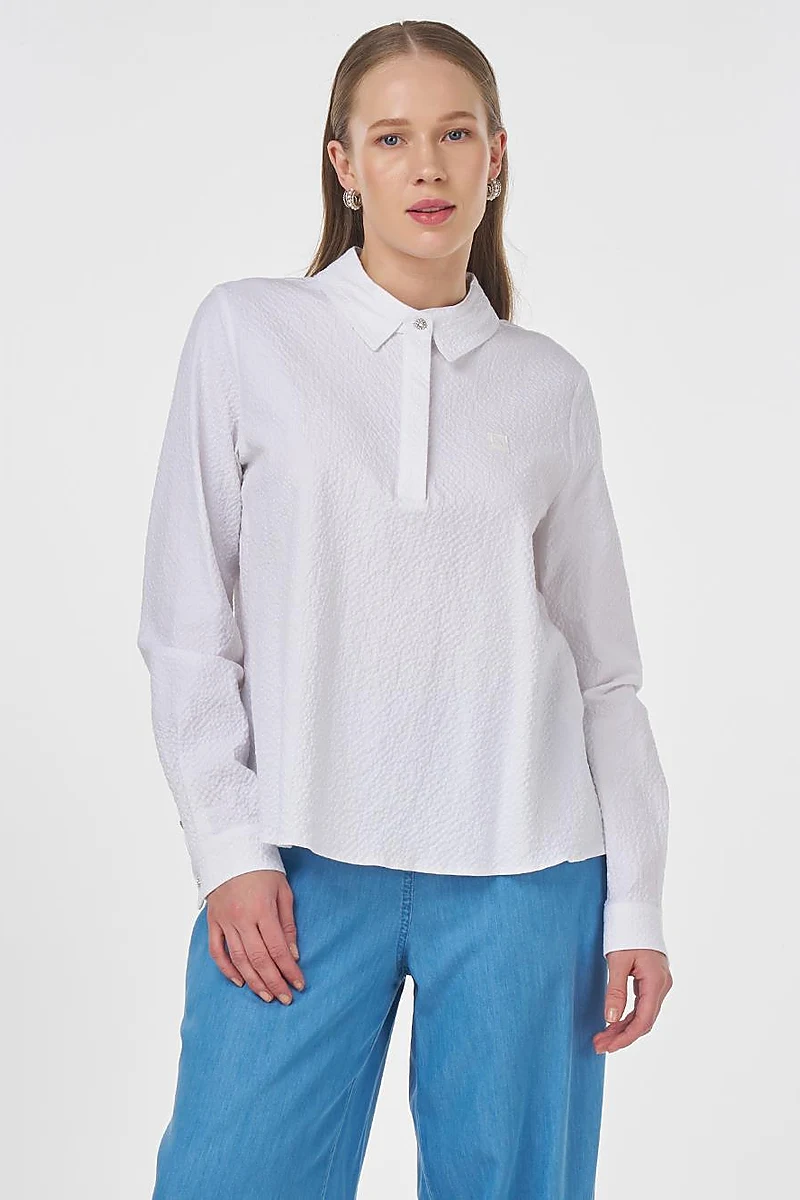 Mandarin Collar Seersucker Blouse Optic White 