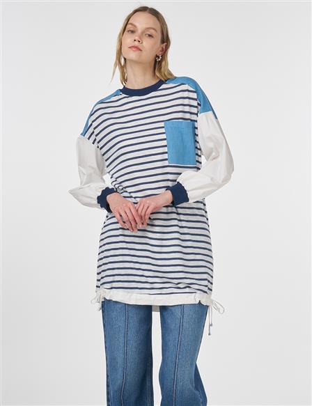 Denim Garnili Örme Sweatshirt Lacivert