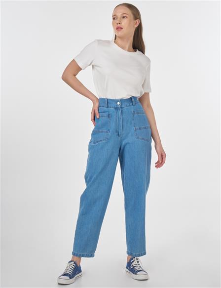 Yüksek Bel Düğmeli Denim Pantolon Buz Mavisi